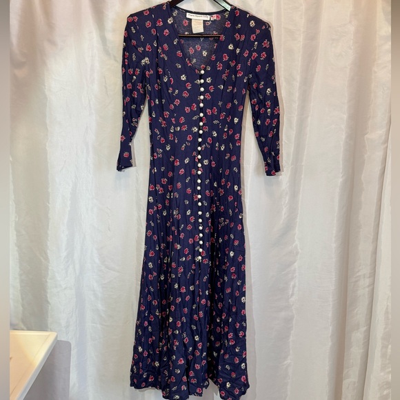 Vintage Paris Sport Club Navy Floral Button‑Front Midi Dress Size 3 -Made in USA - Picture 1 of 7